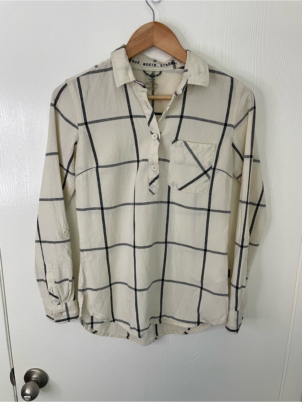 Woods Linen Blend Windowpane Plaid Roll Tab Shirt XS